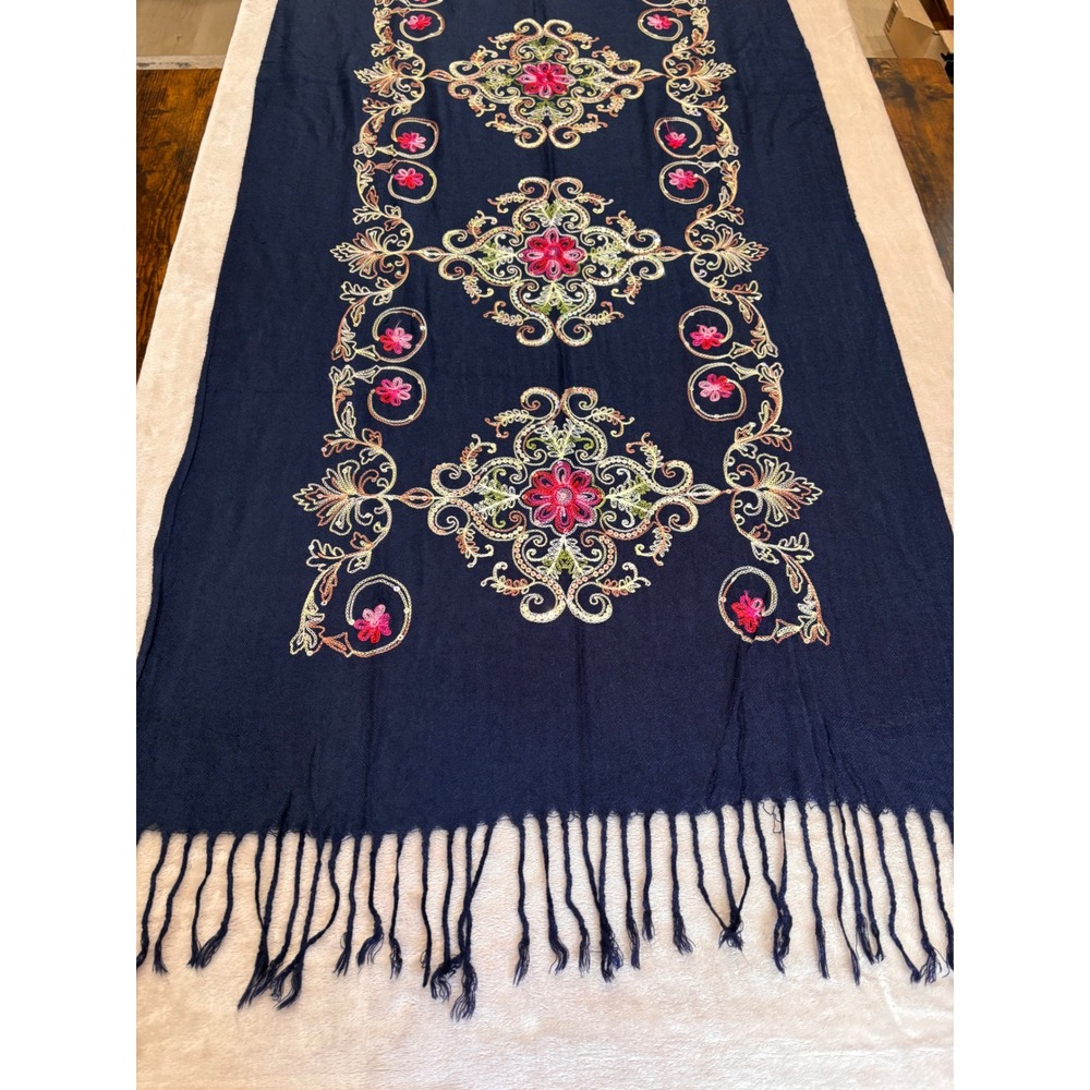 Navy Blue Embroidered Floral Pashmina Shawl Sequin Accent Fringe Wrap Scarf
